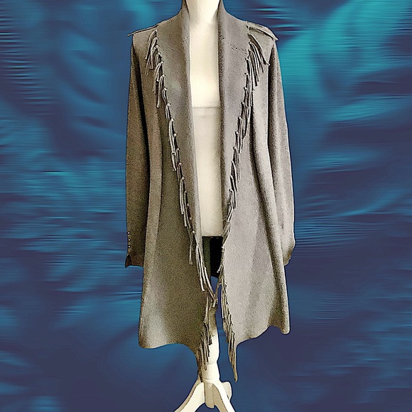 EUC! WHITE HOUSE BLACK MARKET GRAY FRINGE CARDIGAN - Picture 3 of 9